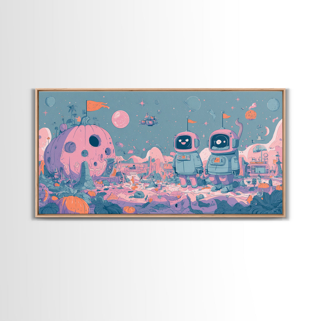 The Pumpkin Moon Expedition, Vaporwave Halloween Art, Wide Panoramic Art, Framed Canvas Print, Cute Halloween Wall Art