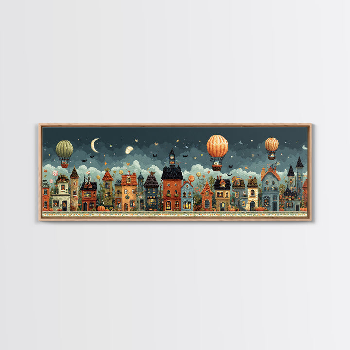 The Ghost Balloon City, Pixel Halloween Art, Extra Wide Wall Art, Canvas Print, Cute Halloween Wall Art