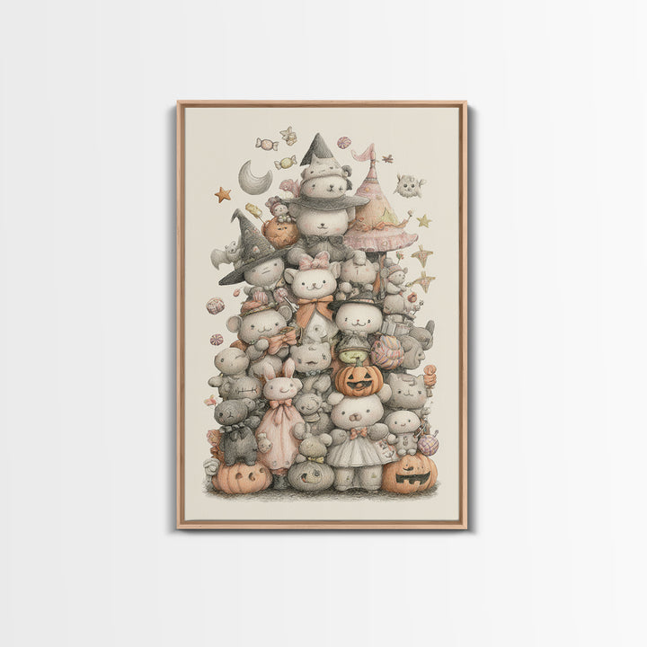 The Halloween Toy Kingdom, Hand Sketch Halloween Art, Vertical Wall Art, Canvas Print, Cute Halloween Wall Art