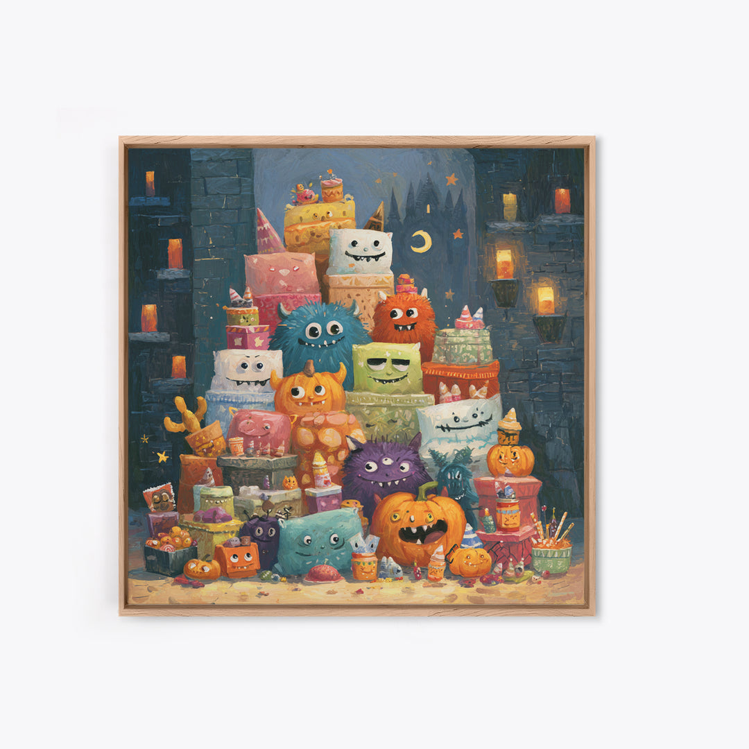 The Great Monster Pajama Party, Gouache Halloween Art, Square Wall Art, Canvas Print, Cute Halloween Wall Art