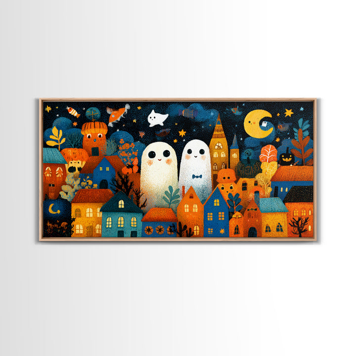 The Rainbow Halloween Night, Crayon Halloween Art, Wide Panoramic Art, Framed Canvas Print, Cute Halloween Wall Art