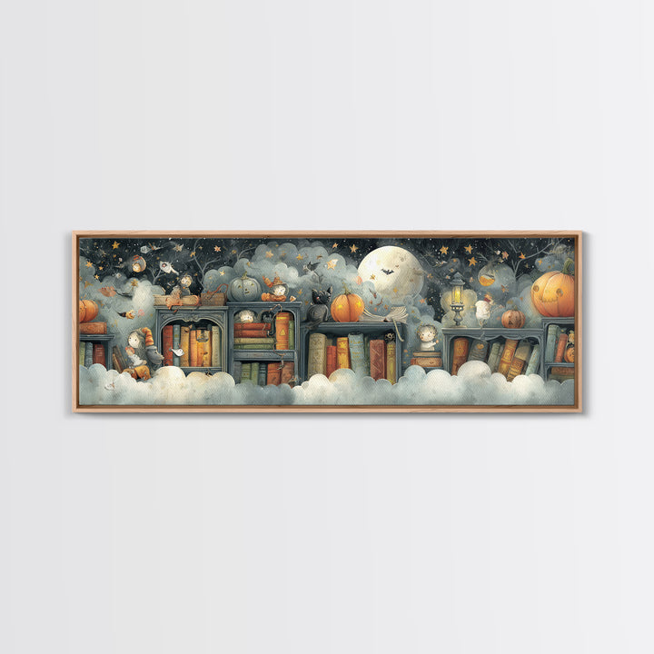 The Enchanted Halloween Library, Pastel Halloween Art, Extra Wide Wall Art, Canvas Print, Cute Halloween Wall Art
