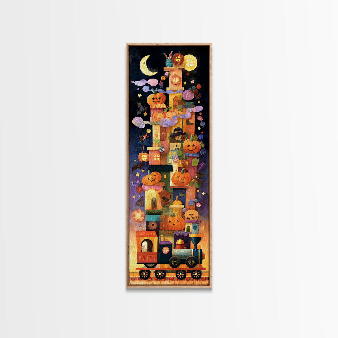 The Trick-Or-Treat Express, Paper Collage Halloween, Tall Narrow Wall Art, Framed Canvas Print, Cute Halloween Wall Art
