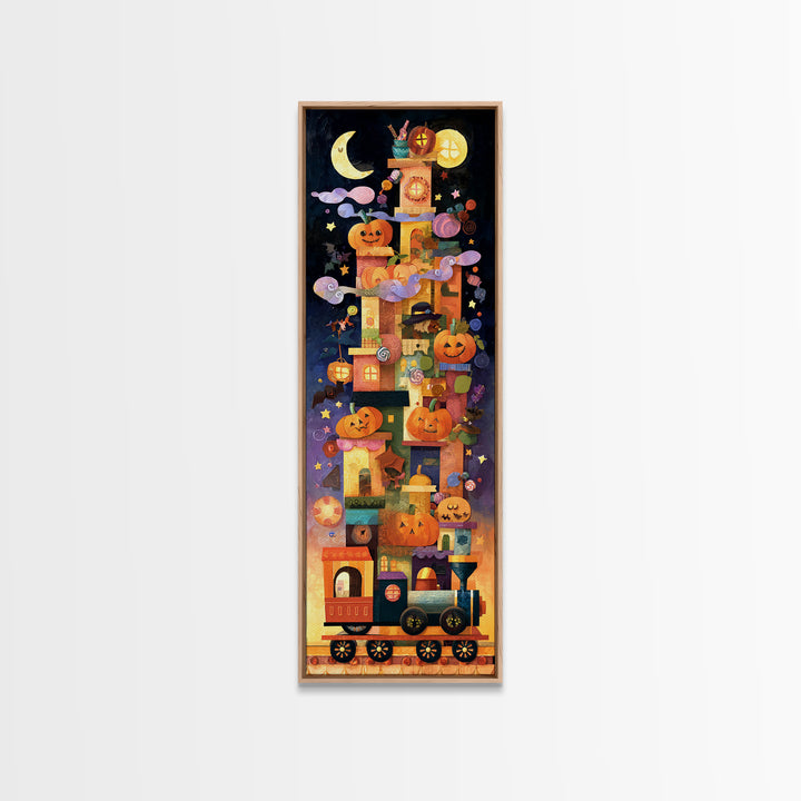 The Trick-Or-Treat Express, Paper Collage Halloween, Tall Narrow Wall Art, Framed Canvas Print, Cute Halloween Wall Art