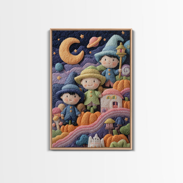 The Parade Across The Stars, Felt Halloween Art, Vertical Wall Art, Canvas Print, Cute Halloween Wall Art