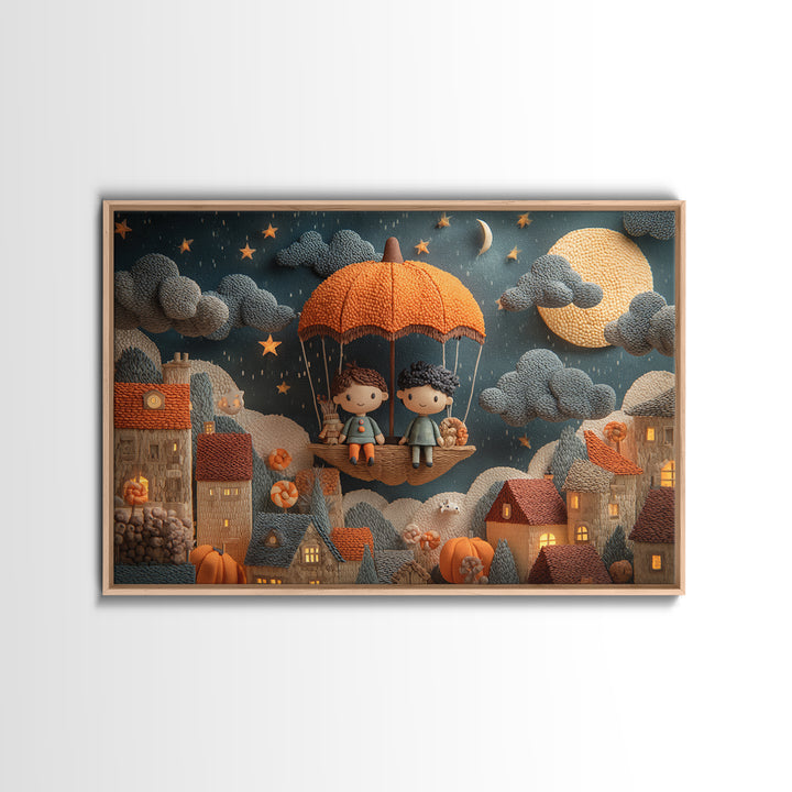 The Enchanted Umbrella Adventure, Clay Halloween Art, Landscape Wall Art, Framed Canvas Print, Cute Halloween Wall Art