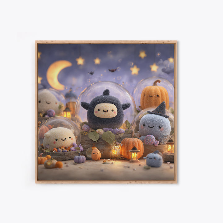 The Halloween Bubble Village, Plush Halloween Art, Square Wall Art, Canvas Print, Cute Halloween Wall Art