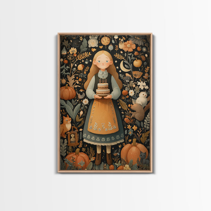 October'S Birthday Party, Folk Halloween Art, Vertical Wall Art, Canvas Print, Cute Halloween Wall Art