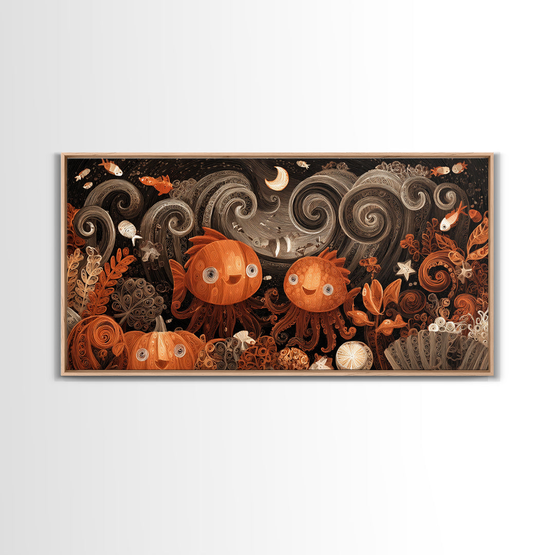 The Choir Of Deepwater Acolytes, Quilled Halloween Art, Wide Panoramic Art, Framed Canvas Print, Cute Halloween Wall Art