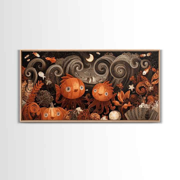 The Choir Of Deepwater Acolytes, Quilled Halloween Art, Wide Panoramic Art, Framed Canvas Print, Cute Halloween Wall Art