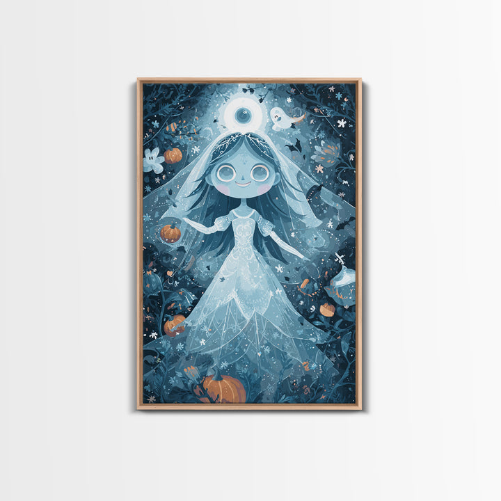 The Bride Of The Abyssal Moon, Pixel Halloween Art, Vertical Wall Art, Canvas Print, Cute Halloween Wall Art