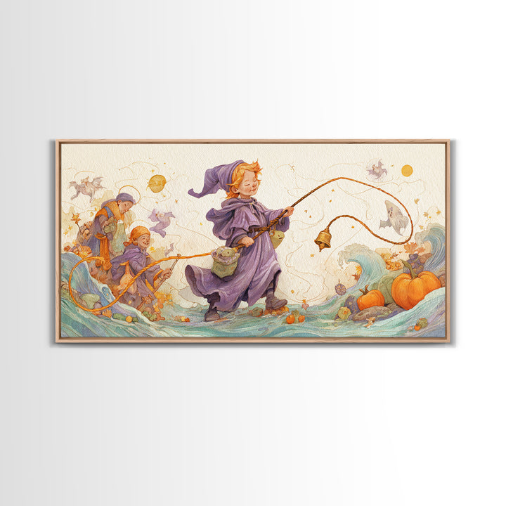 The Bellringer Of The Sunken Cathedral, Watercolor Halloween Art, Wide Panoramic Art, Framed Canvas Print, Cute Halloween Wall Art