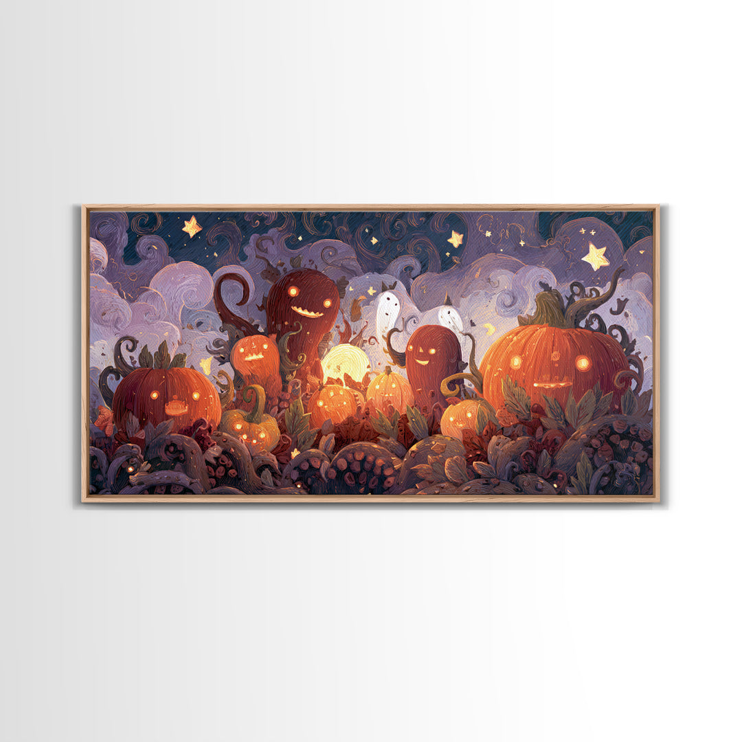 The Harvest Of The Eldritch Field, Clay Halloween Art, Wide Panoramic Art, Framed Canvas Print, Cute Halloween Wall Art