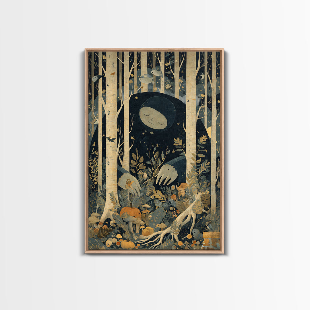The Sleeper In The Birch Grove, Retro Halloween Art, Vertical Wall Art, Canvas Print, Cute Halloween Wall Art