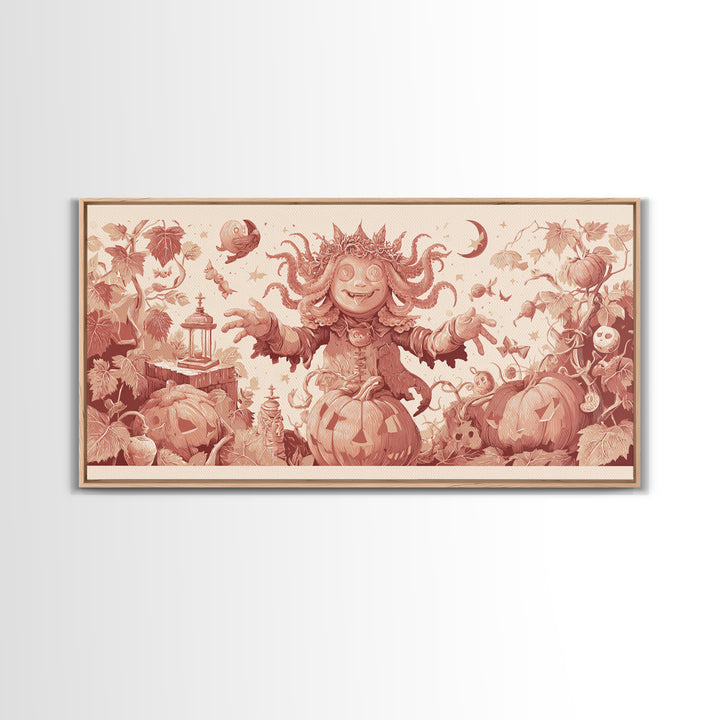 The Crown Of The Tentacled Saint, Linocut Halloween Art, Wide Panoramic Art, Framed Canvas Print, Cute Halloween Wall Art