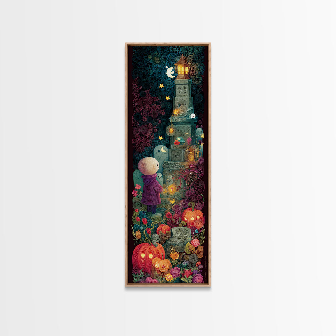 The Grave Gardener Of Yuggoth, Quilled Halloween Art, Tall Narrow Wall Art, Framed Canvas Print, Cute Halloween Wall Art