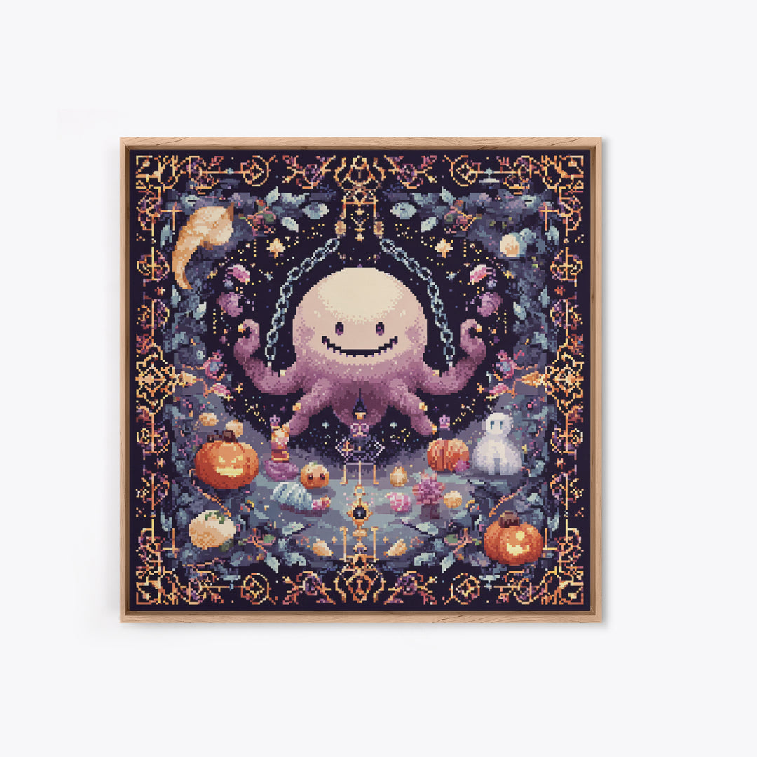 The Moonlit Shoggoth Menagerie, Pixel Halloween Art, Square Wall Art, Canvas Print, Cute Halloween Wall Art