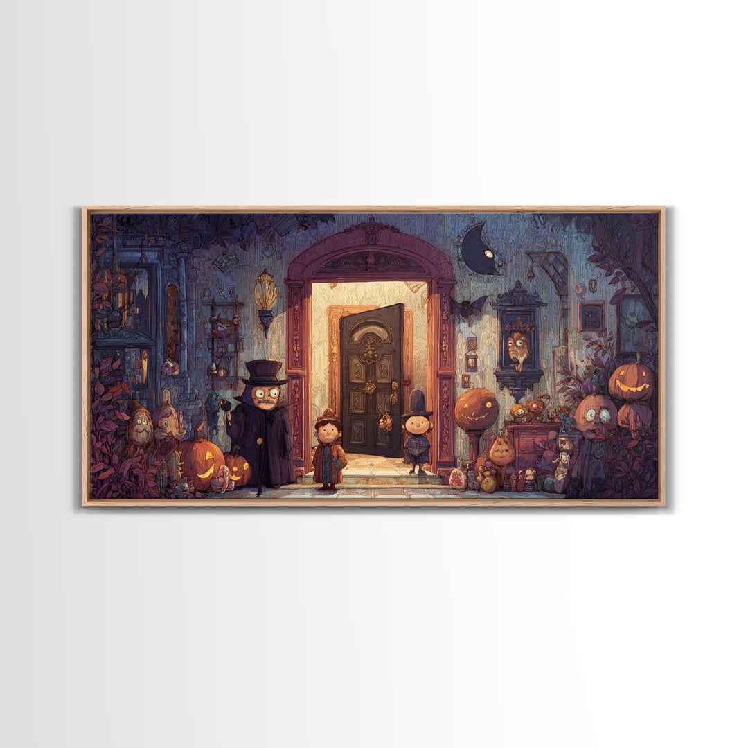 The Thirteenth Door Of Arkham House, Vector Halloween Art, Wide Panoramic Art, Framed Canvas Print, Cute Halloween Wall Art
