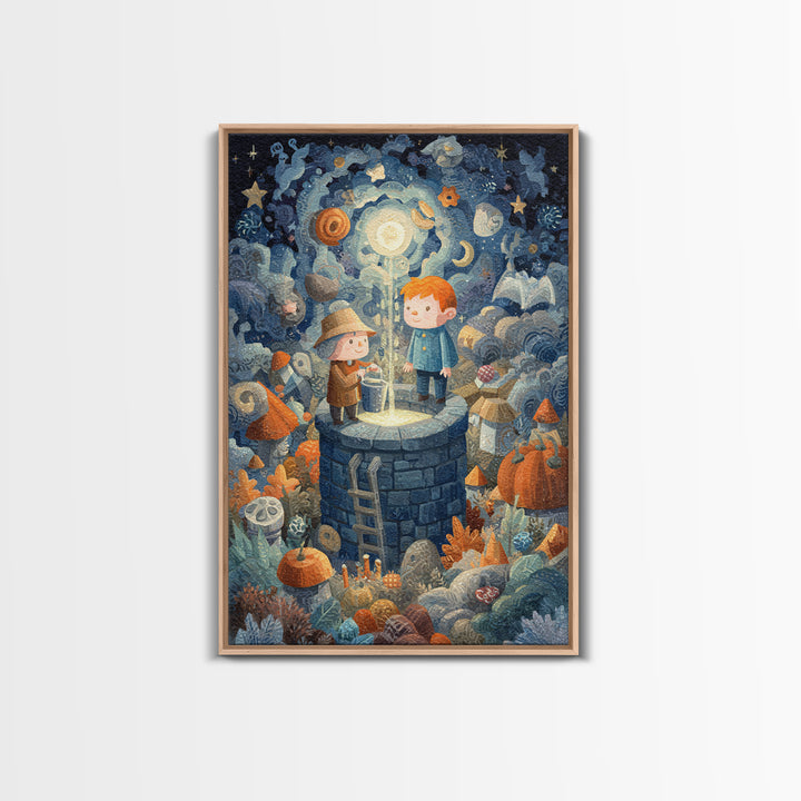 The Dreamwell Beneath Miskatonic, Gouache Halloween Art, Vertical Wall Art, Canvas Print, Cute Halloween Wall Art