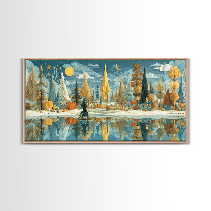 The Frost Beyond Carcosa, Paper Collage Halloween, Wide Panoramic Art, Framed Canvas Print, Cute Halloween Wall Art
