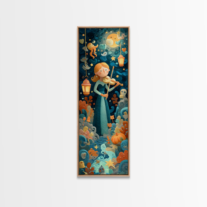 The Violinist Of The Drowned Moon, Clay Halloween Art, Tall Narrow Wall Art, Framed Canvas Print, Cute Halloween Wall Art