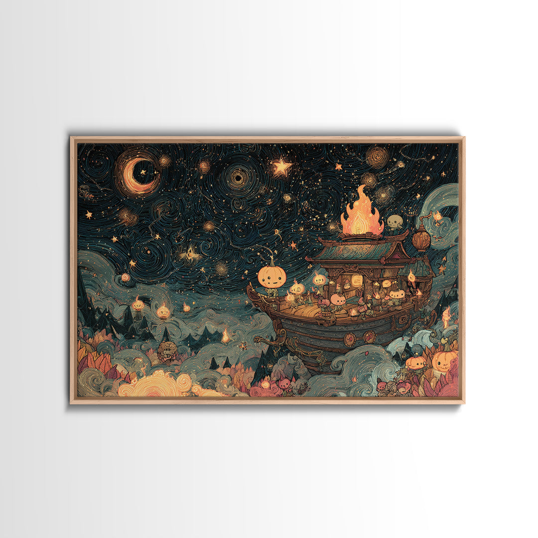 The Candelit Ark Of Forgotten Stars, Kawaii Halloween Art, Landscape Wall Art, Framed Canvas Print, Cute Halloween Wall Art