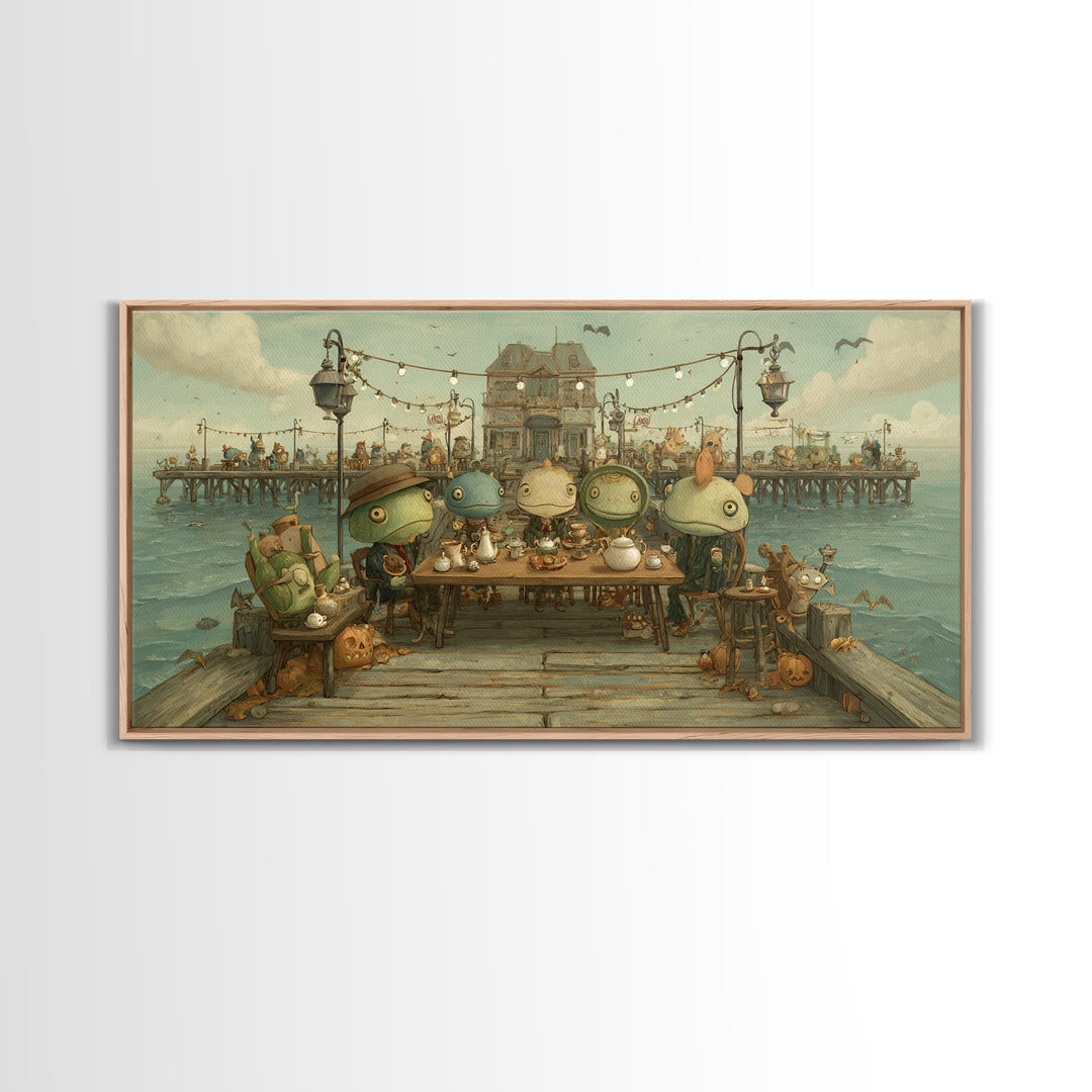 The Tea Party At Innsmouth Pier, Screenprint Halloween Art, Wide Panoramic Art, Framed Canvas Print, Cute Halloween Wall Art
