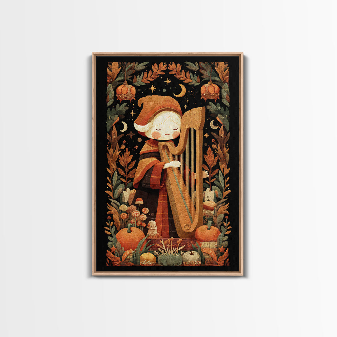The Harpist Of Abyssal Sleep, Embroidered Halloween Art, Vertical Wall Art, Canvas Print, Cute Halloween Wall Art