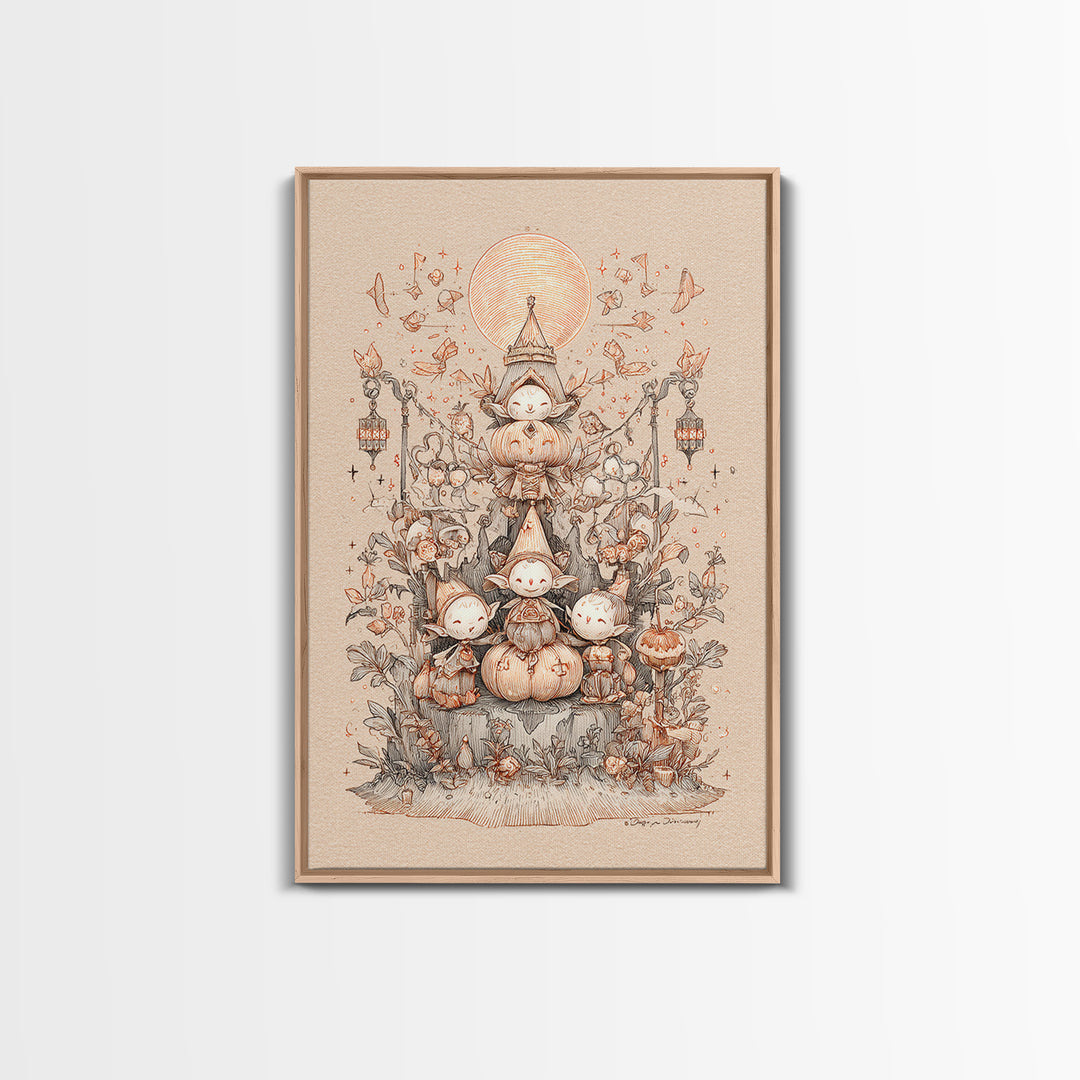 The Festival Of The Little Old Ones, Hand Sketch Halloween Art, Vertical Wall Art, Canvas Print, Cute Halloween Wall Art