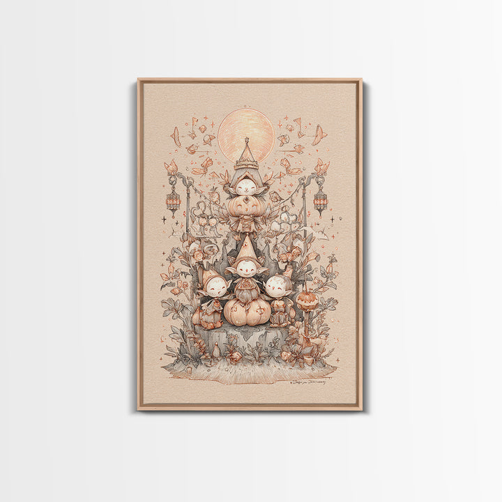The Festival Of The Little Old Ones, Hand Sketch Halloween Art, Vertical Wall Art, Canvas Print, Cute Halloween Wall Art