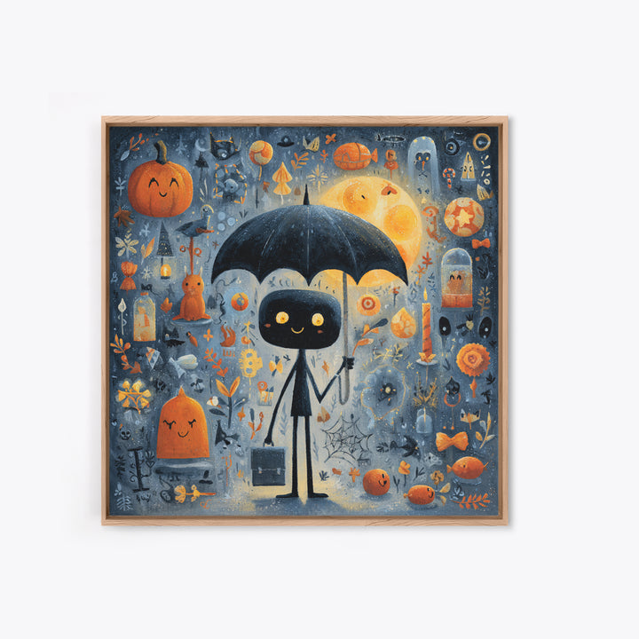The Umbrella Of The Outer Rain, Gouache Halloween Art, Square Wall Art, Canvas Print, Cute Halloween Wall Art