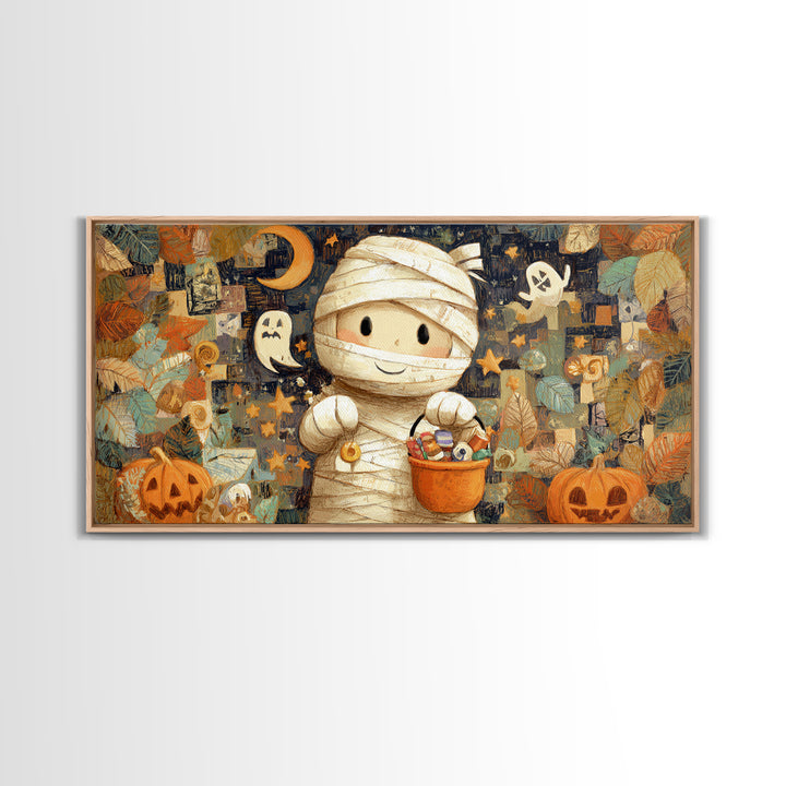 The Shy Little Mummy, Crayon Halloween Art, Wide Panoramic Art, Framed Canvas Print, Cute Halloween Wall Art