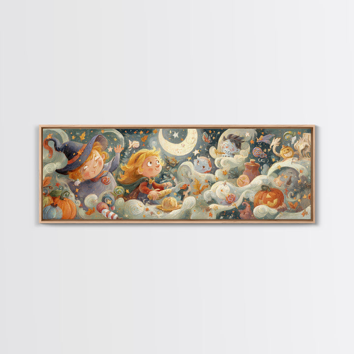 The Cookie Spellcaster, Pastel Halloween Art, Extra Wide Wall Art, Canvas Print, Cute Halloween Wall Art