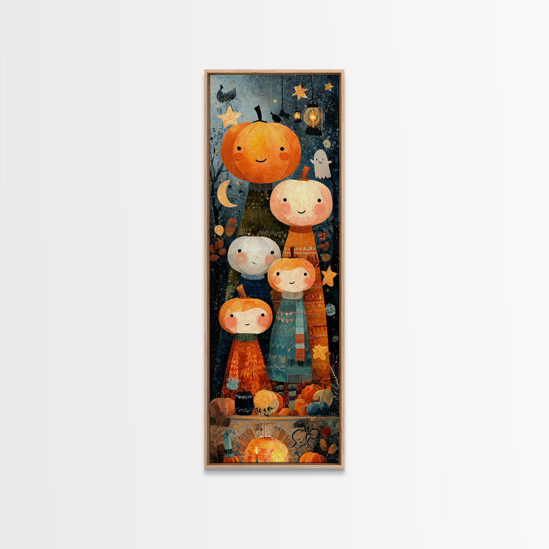 The Pumpkin Family Portrait, Paper Collage Halloween, Tall Narrow Wall Art, Framed Canvas Print, Cute Halloween Wall Art