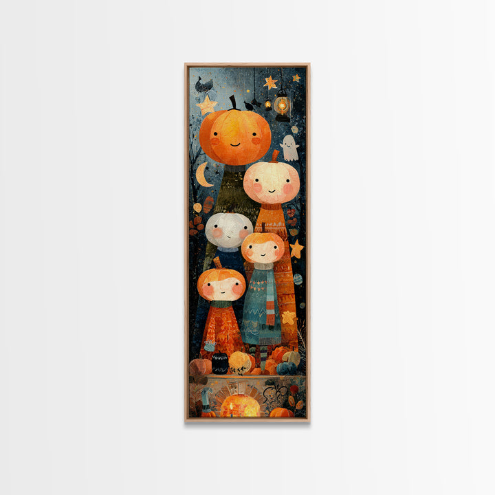 The Pumpkin Family Portrait, Paper Collage Halloween, Tall Narrow Wall Art, Framed Canvas Print, Cute Halloween Wall Art