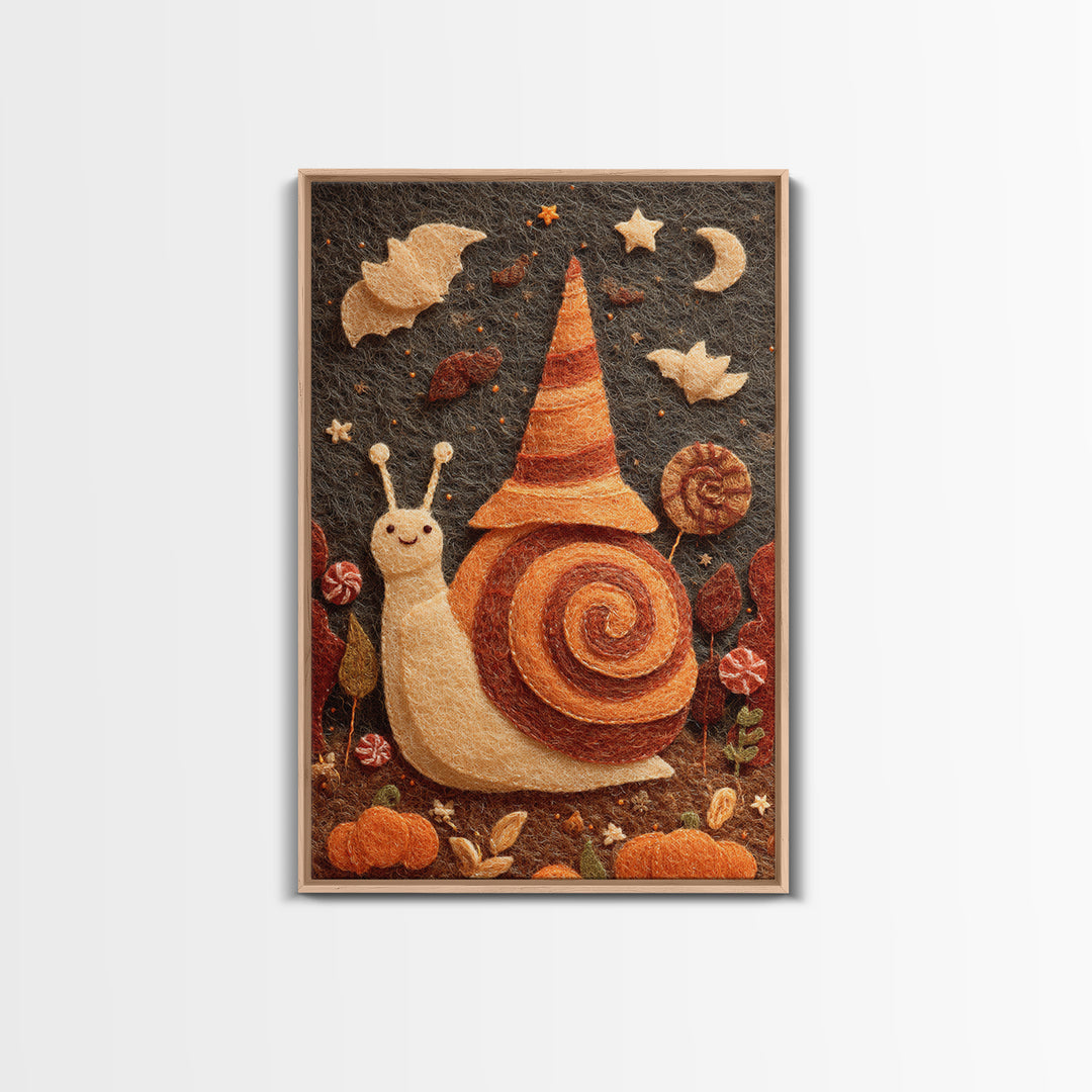 The Cinnamon-Roll Snail Witch, Felt Halloween Art, Vertical Wall Art, Canvas Print, Cute Halloween Wall Art