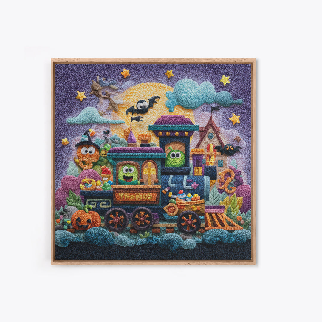 The Trick-Or-Treat Express, Plush Halloween Art, Square Wall Art, Canvas Print, Cute Halloween Wall Art