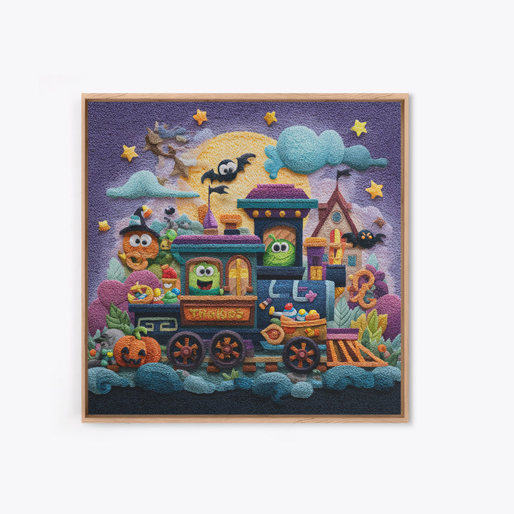 The Trick-Or-Treat Express, Plush Halloween Art, Square Wall Art, Canvas Print, Cute Halloween Wall Art