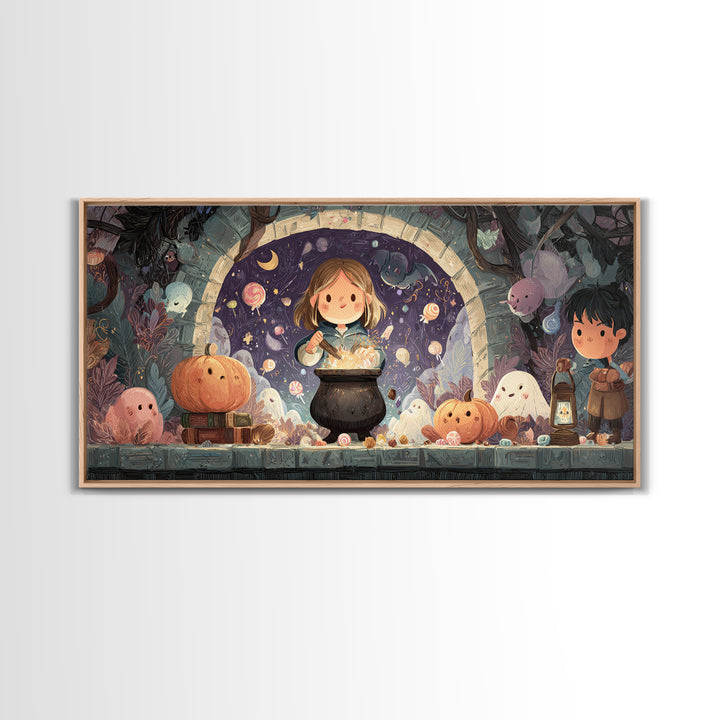 The Dreamwell Beneath Miskatonic, Kawaii Halloween Art, Wide Panoramic Art, Framed Canvas Print, Cute Halloween Wall Art
