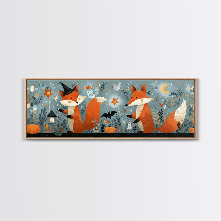 The Fox Wizard, Retro Halloween Art, Extra Wide Wall Art, Canvas Print, Cute Halloween Wall Art, Cozy Autumn Kids Decor