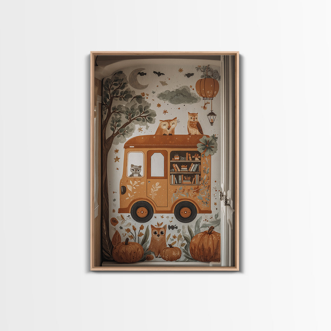 The Pumpkin Bookmobile, Folk Halloween Art, Vertical Wall Art, Canvas Print, Cute Halloween Wall Art