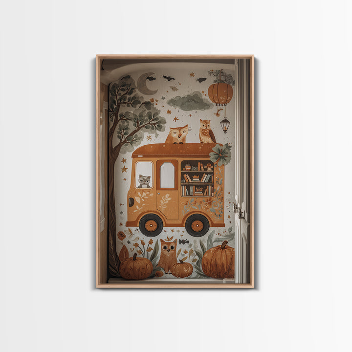 The Pumpkin Bookmobile, Folk Halloween Art, Vertical Wall Art, Canvas Print, Cute Halloween Wall Art