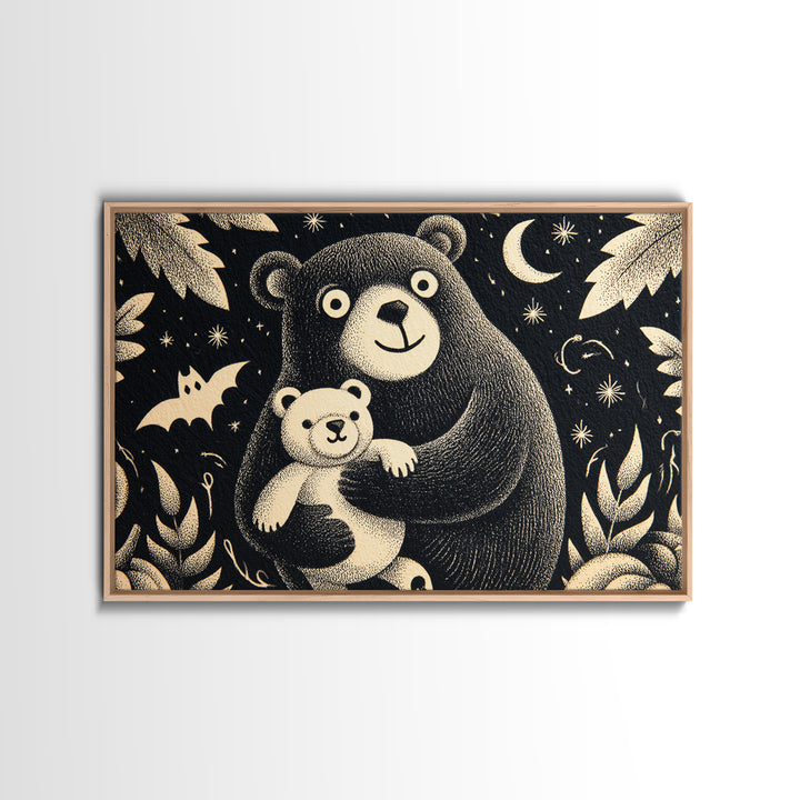 The Three-Eyed Teddy Monster, Linocut Halloween Art, Landscape Wall Art, Framed Canvas Print, Cute Halloween Wall Art