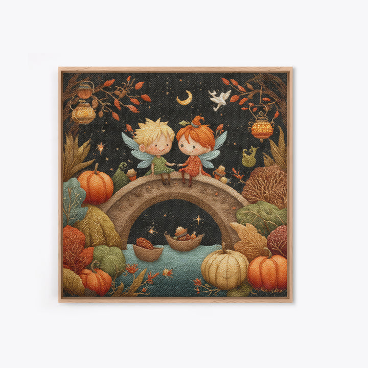 The Autumn Fairy Bridge, Embroidered Halloween Art, Square Wall Art, Canvas Print, Cute Halloween Wall Art
