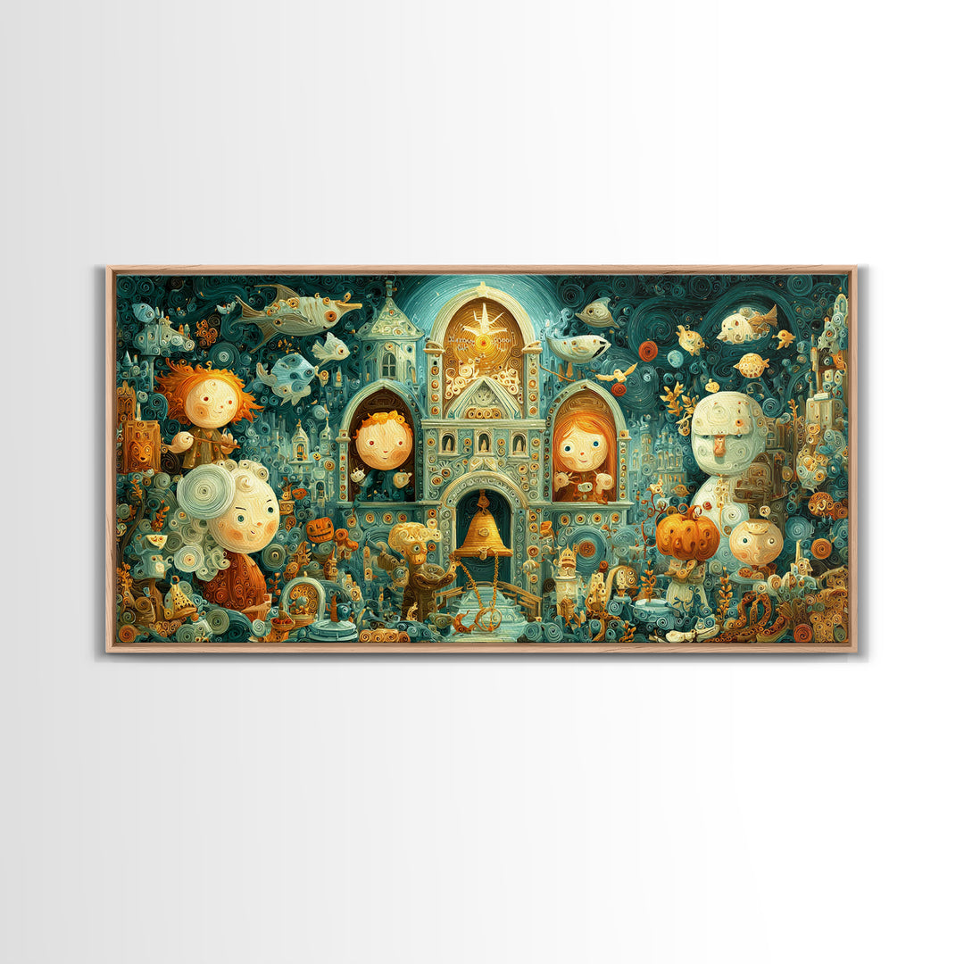 The Bellringer Of The Sunken Cathedral, Quilled Halloween Art, Wide Panoramic Art, Framed Canvas Print, Cute Halloween Wall Art