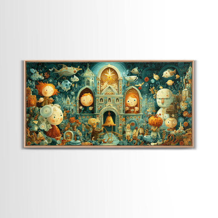 The Bellringer Of The Sunken Cathedral, Quilled Halloween Art, Wide Panoramic Art, Framed Canvas Print, Cute Halloween Wall Art