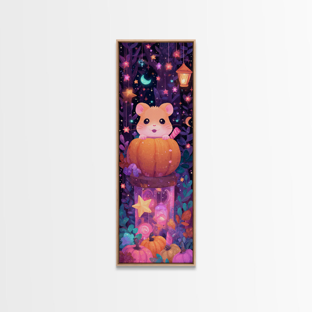 The Pumpkin Hamster, Vaporwave Halloween Art, Tall Narrow Wall Art, Framed Canvas Print, Cute Halloween Wall Art