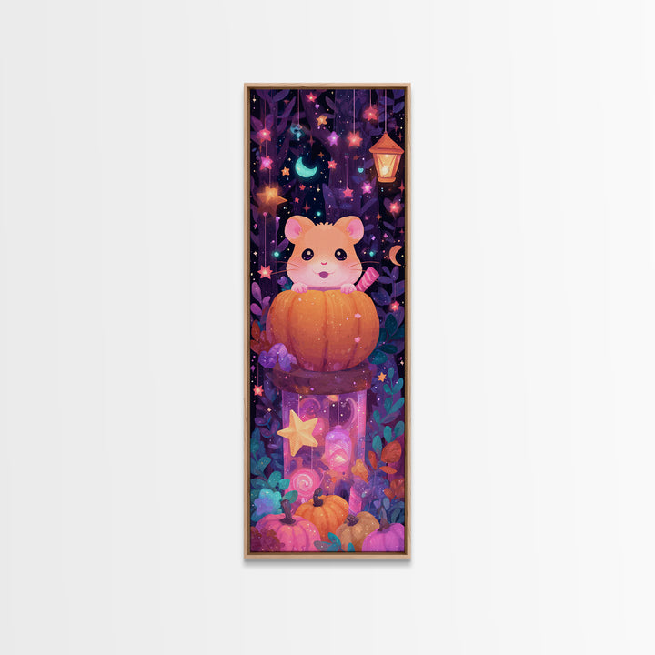 The Pumpkin Hamster, Vaporwave Halloween Art, Tall Narrow Wall Art, Framed Canvas Print, Cute Halloween Wall Art