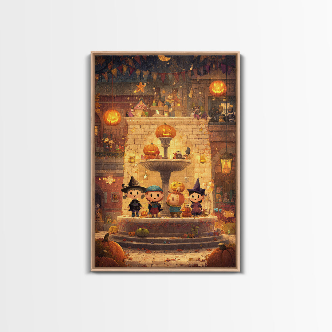 The Trick-Or-Treat Village Square, Pixel Halloween Art, Vertical Wall Art, Canvas Print, Cute Halloween Wall Art
