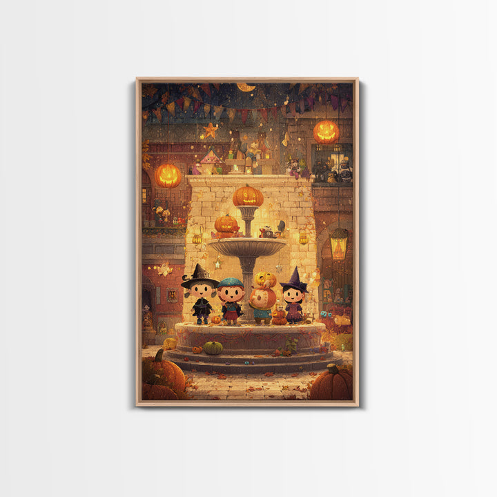 The Trick-Or-Treat Village Square, Pixel Halloween Art, Vertical Wall Art, Canvas Print, Cute Halloween Wall Art